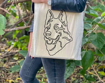 German Shepherd tote bag, dog shoulder bag, dog lover bag, cotton dog bag, line art tote, merchandise