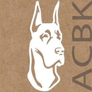 May include: A white silhouette of a Doberman Pinscher dog's head, facing right, with its ears perked up.