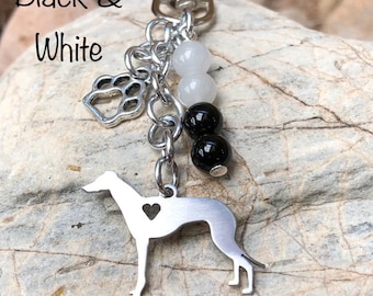 Greyhound dog keychain, stainless steel gemstone dog bag charm, dog key chain, greyhound jewelry, jewellery, pet key ring, Christmas, gift