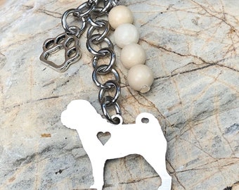 Shar Pei dog keychain, stainless steel dog key chain, pet bag charm, keepsake, gemstone, shar pei jewelry, animal jewellery, Christmas gift