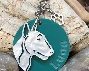 Bull Terrier personalised dog keychain, 3d effect engraved key ring, lasercut acrylic, animal themed keychain, various colours, gifts
