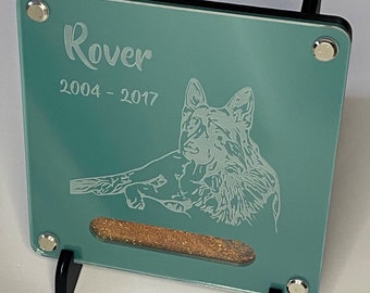 Pet memorial urn, cremation memorabilia, pet ashes urn, animal keepsake urn gift, custom engraved photo name and date with stand