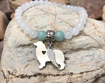 Australian Shepherd dog memorial bracelet, stainless steel & gemstone bracelet, pet loss bracelet, aussie shepherd jewelry