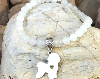 Bichon Frise dog bracelet, stainless steel gemstone bracelet, pet theme, bichon frise jewelry, jewellery, animal, Christmas gift