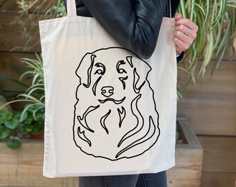 Australian Shepherd tote bag, dog shoulder bag, dog lover bag, cotton dog bag, line art tote, merchandise