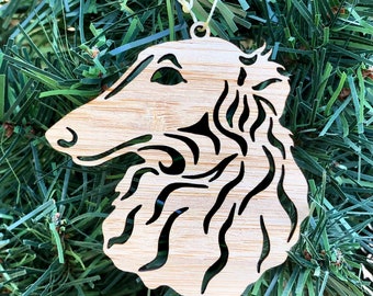 Borzoi dog lasercut christmas ornament decoration, borzoi dog face tree ornament, xmas hanging decoration, acrylic, bamboo