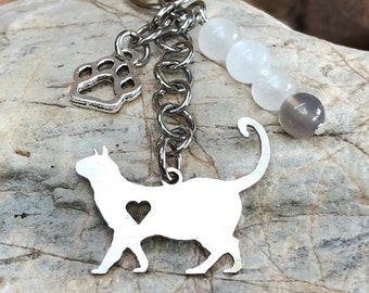 Siamese cat keychain, stainless steel cat key chain, gemstone bag charm, cat lover, siamese cat, siamese jewelry, jewellery, Christmas