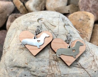 Dachshund dog earrings - drop earrings - jewelry - jewellery - pet keepsake - animal  - wood heart