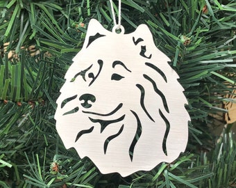 Samoyed dog stainless steel hanging christmas ornament, smiling samoyed dog face tree ornament, xmas hanging decoration