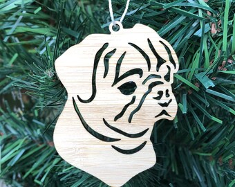 Pug dog bamboo wood christmas ornament, pug dog face tree ornament, xmas hanging decoration