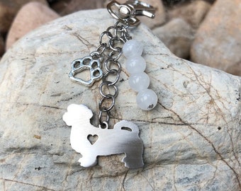 Maltese dog gemstone key chain - pet bag charm - dog keychain - maltese jewelry - animal themed jewellery