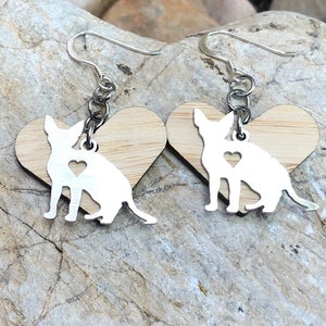 Devon Rex cat earrings - drop earrings - devon rex jewelry - cat earrings - gift - cat lover - wood heart charm - pet jewellery