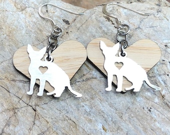 Devon Rex cat earrings - drop earrings - devon rex jewelry - cat earrings - gift - cat lover - wood heart charm - pet jewellery