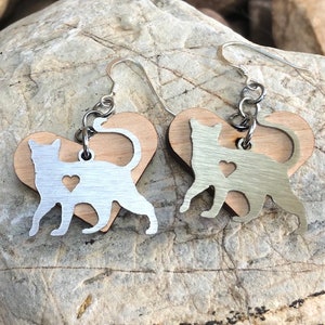 Burmese cat earrings - drop earrings - burmese jewelry - cat earrings - gift - cat lover - wood heart charm - pet jewellery