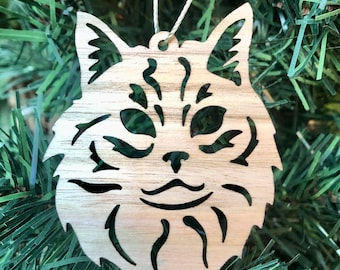 Domestic Longhair cat bamboo wood christmas ornament, cat face tree ornament, xmas hanging decoration