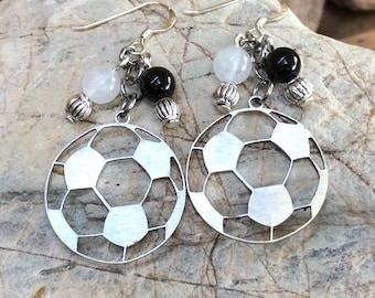 Soccer gemstone earrings, stainless steel soccer ball drop earrings, sport themed dangle earrings, jewelry, jewellery, football, Christmas