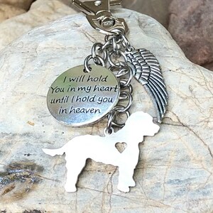 May include: Silver keychain with a dog silhouette, a heart, and a charm that reads "I will hold you in my heart until I hold you in heaven".