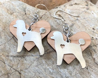 Poodle dog earrings - drop earrings - poodle jewelry - jewellery - dog earrings - dog lover - wood heart - pet
