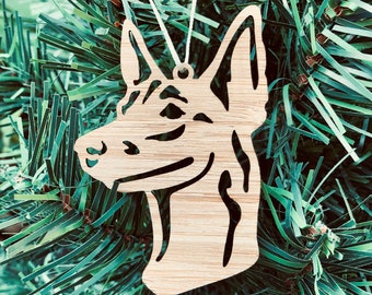 Belgian Malinois dog dog bamboo wood christmas ornament, belgian malinois dog face tree ornament, xmas hanging decoration