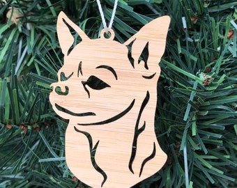 Chihuahua dog bamboo wood christmas ornament, chihuahua dog face tree ornament, xmas hanging decoration