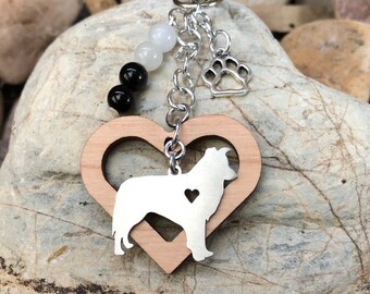 Border Collie gemstone key chain - dog bag charm - border collie jewelry - dog keychain - wood heart charm - pet keepsake - jewellery - dog