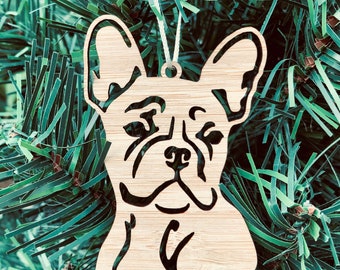 French Bulldog dog bamboo wood christmas ornament, French bulldog dog face tree ornament, xmas hanging decoration