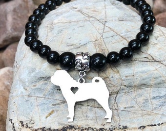 Shar Pei dog bracelet - stainless steel gemstone dog jewellery, pet themed jewellery, dog stretch bracelet shar pei jewelry, Christmas gift