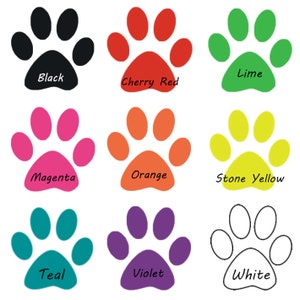 May include: Nine paw prints in different colors, including black, cherry red, lime, magenta, orange, stone yellow, teal, violet, and white. Each paw print has the color name written below it.