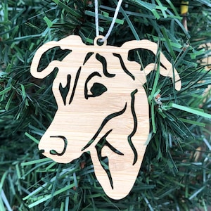 Greyhound dog bamboo wood christmas ornament, greyhound dog face tree ornament, xmas hanging decoration