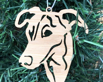Greyhound dog bamboo wood christmas ornament, greyhound dog face tree ornament, xmas hanging decoration