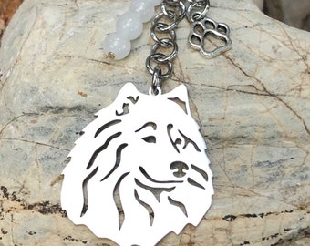 Samoyed dog keychain, bag charm, dog gemstone key chain, jewellery, pet key ring, dog lover, smiling samoyed jewelry, Christmas, gift