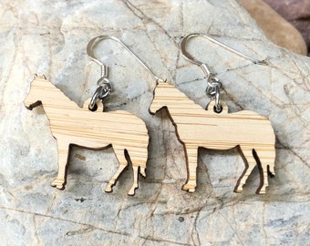 Horse bamboo wood earrings, drop earrings, horse earrings, horse lover jewelry, animal gift jewellery, Christmas