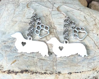 Dachshund long haired dog earrings, stainless steel drop, dangle earrings, dog jewelry, dachshund jewellery, animal, pet, Christmas gift