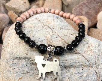 Pug dog mala gemstone bracelet - pug jewelry - dog jewellery - dog bracelet - pug gift - dog lover - dog - mala bracelet