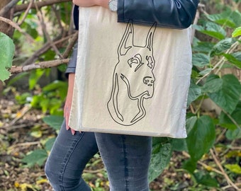 Great Dane tote bag, dog shoulder bag, dog lover bag, cotton dog bag, line art tote, merchandise