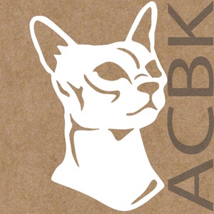 May include: White silhouette of a cat's head with a short, smooth coat. The cat is looking to the right with its mouth closed.