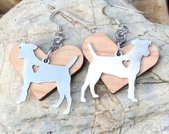 Jack Russell dog earrings - drop earrings - jack russell jewelry - jewellery - dog earrings - dog lover - wood heart - pet