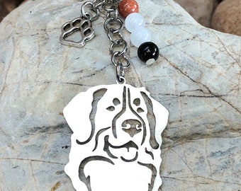 Bernese Mountain Dog keychain, stainless steel gemstone key chain, dog bag charm, bernese mountain dog jewelry, jewellery, Christmas, gift