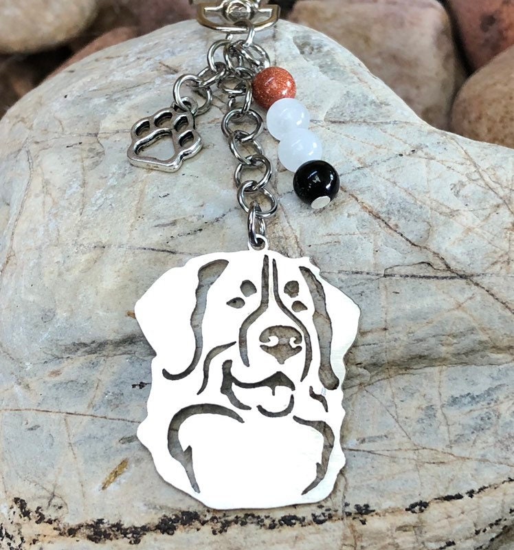 Bernese Mountain Dog keychain, stainless steel gemstone key chain, dog bag  charm, bernese mountain dog jewelry, jewellery, Christmas, gift