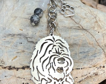 Old English Sheepdog dog key chain, gemstone dog keychain, bag charm, pet keepsake, sheepdog jewelry, animal jewellery, Christmas gift