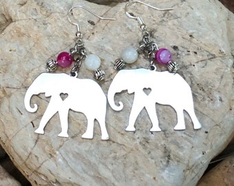 Elephant gemstone dangle earrings, stainless steel drop earrings, animal themed dangle earrings, jewelry, jewellery, Christmas, gift