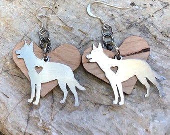 Kelpie dog earrings, stainless steel drop earrings, australian kelpie jewelry, jewellery, dog lover, wood heart, pet, Christmas, gift