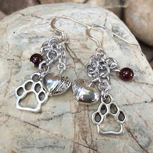 Paw garnet earrings - animal themed jewelry - pet themed jewellery - dangle earrings - drop dog earrings - cat earrings - dog