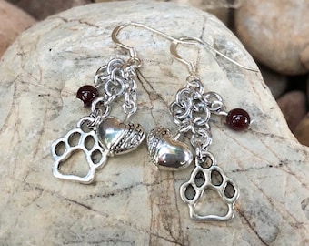 Paw garnet earrings - animal themed jewelry - pet themed jewellery - dangle earrings - drop dog earrings - cat earrings - dog
