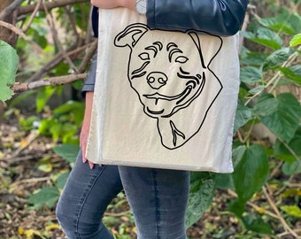 Staffy tote bag, dog shoulder bag, dog lover bag, cotton dog bag, line art tote, merchandise