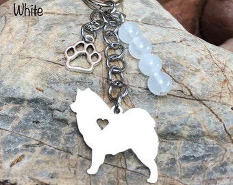 Samoyed dog keychain, bag charm, dog gemstone key chain, jewellery, pet key ring, dog lover, smiling samoyed jewelry, Christmas, gift