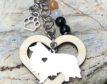 Shetland Sheepdog keychain, stainless steel dog key chain, pet bag charm, keepsake, gemstone, sheltie jewelry, jewellery, Christmas gift