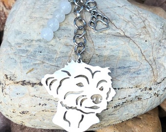 Maltese dog keychain, stainless steel dog gemstone  key chain, maltese bag charm, jewellery, pet jewelry, animal, Christmas gift