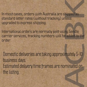 May include: Text on a brown background with the words "In most cases, orders with Australia are shipped as standard letter rates (without tracking) unless upgraded to express shipping. International orders are normally sent using Sendle carrier services, tracking numbers will be added to the order. Domestic deliveries are taking approximately 5-10 business days. Estimated delivery time frames are nominated on the listing."