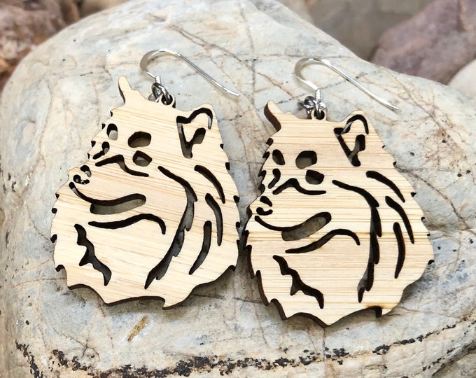 Featured listing image: Finnish Lapphund dog wood earrings - drop earrings - dog earrings - dog lover jewelry - dog gift - finnish lapphund jewelry - pet - bamboo -